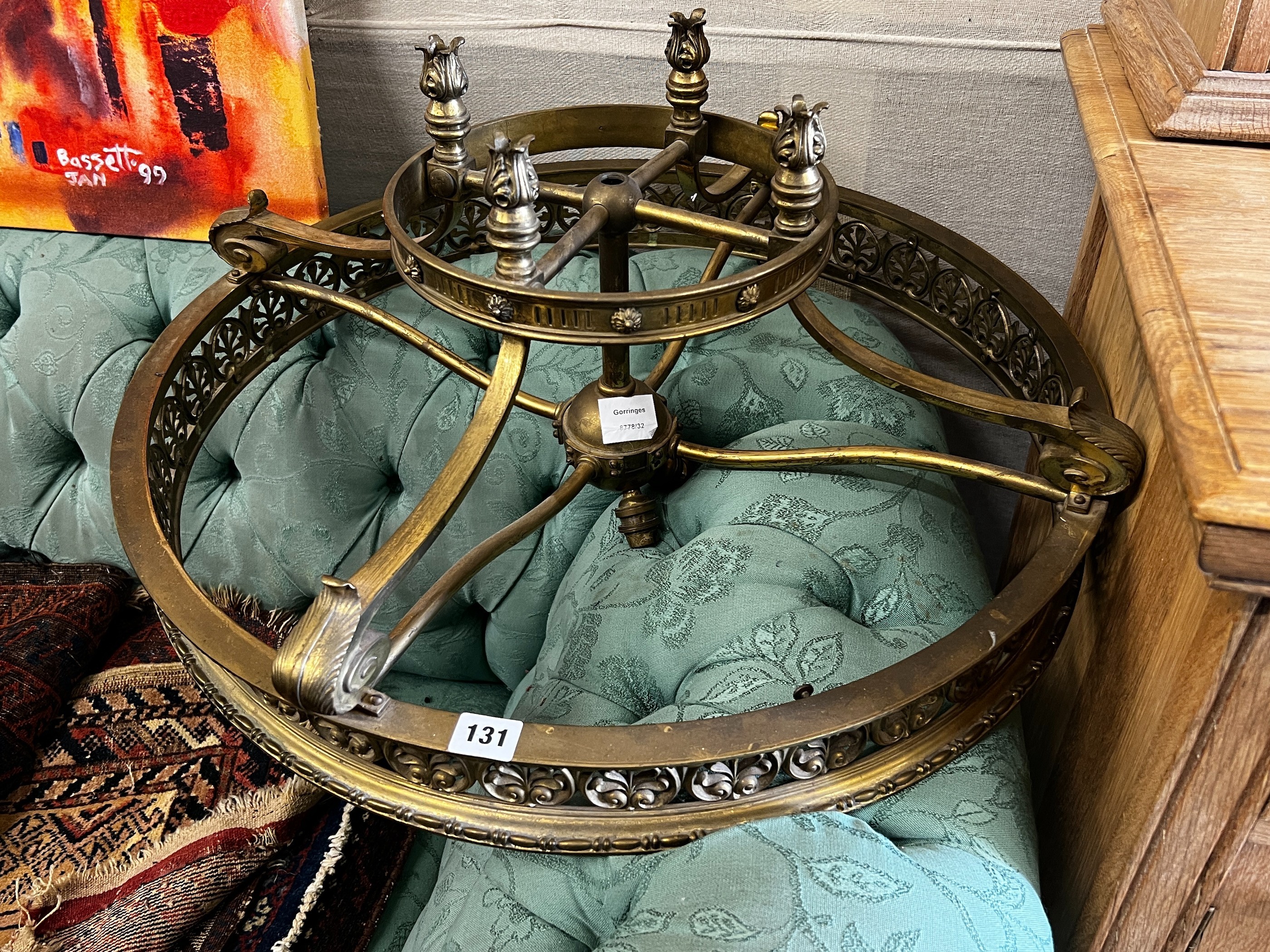 A Victorian gothic brass circular ceiling light, diameter 65cm